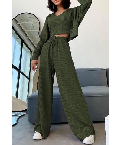 Womens 2024 Fall Track Suits 3 Piece Outfits Matching Sets Ribbed Knit Cardigan Cropped Tank Tops Wide Leg Pants Army Green $...