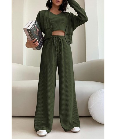 Womens 2024 Fall Track Suits 3 Piece Outfits Matching Sets Ribbed Knit Cardigan Cropped Tank Tops Wide Leg Pants Army Green $...