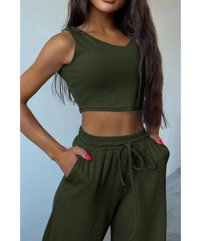 Womens 2024 Fall Track Suits 3 Piece Outfits Matching Sets Ribbed Knit Cardigan Cropped Tank Tops Wide Leg Pants Army Green $...