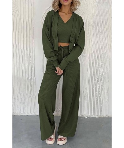 Womens 2024 Fall Track Suits 3 Piece Outfits Matching Sets Ribbed Knit Cardigan Cropped Tank Tops Wide Leg Pants Army Green $...