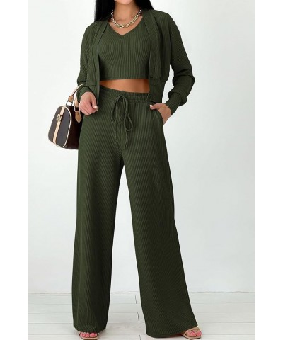 Womens 2024 Fall Track Suits 3 Piece Outfits Matching Sets Ribbed Knit Cardigan Cropped Tank Tops Wide Leg Pants Army Green $...