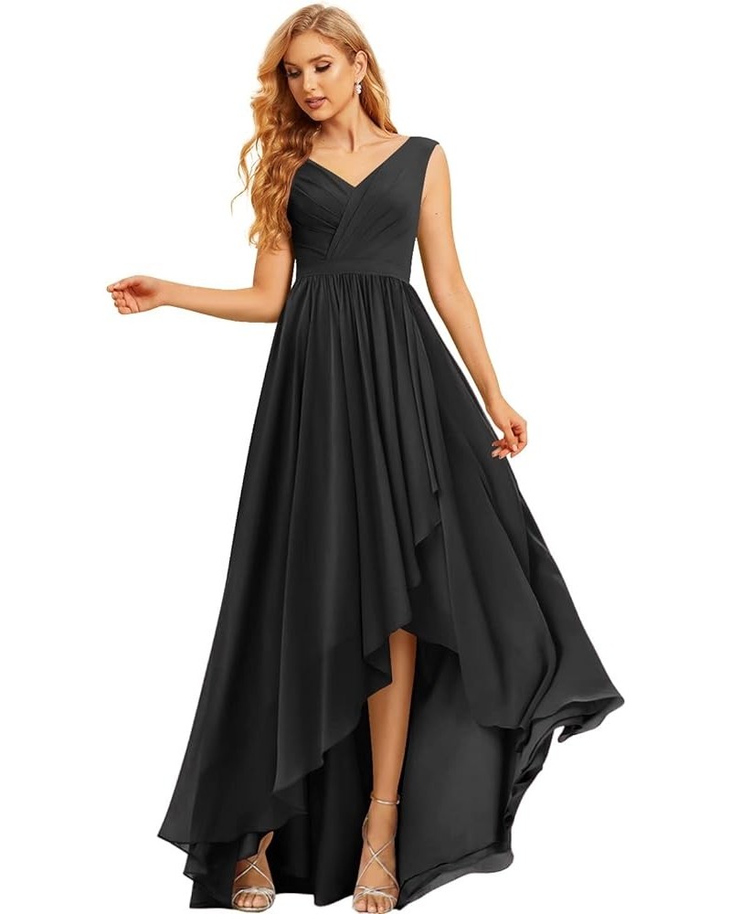 Women's High Low Bridesmaid Dresses Long Ruched Chiffon V Neck Formal Evening Party Dress with Pockets CM086 Black $28.16 Dre...