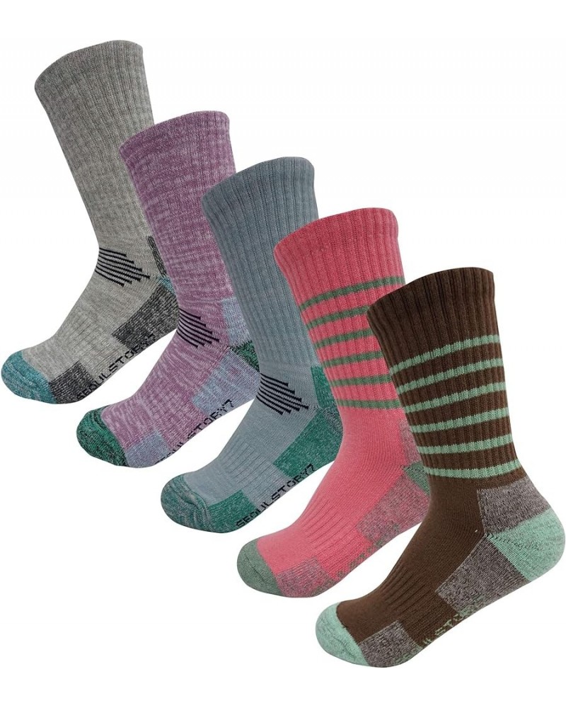 5Pack Women's Multi Performance Cushion Hiking/Outdoor Crew Socks Year Round Gray/Purple/Lightblue/Thin Stripe Pink/Thin Stri...