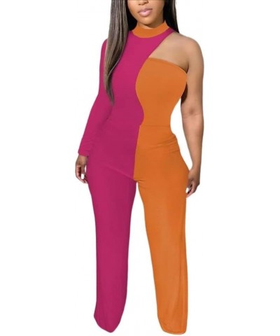 2023 Spring Summer Fashion Color Block Printed Jumpsuit For Women Elegant One-shoulder Strap Rompers Wide Leg Overalls D $28....