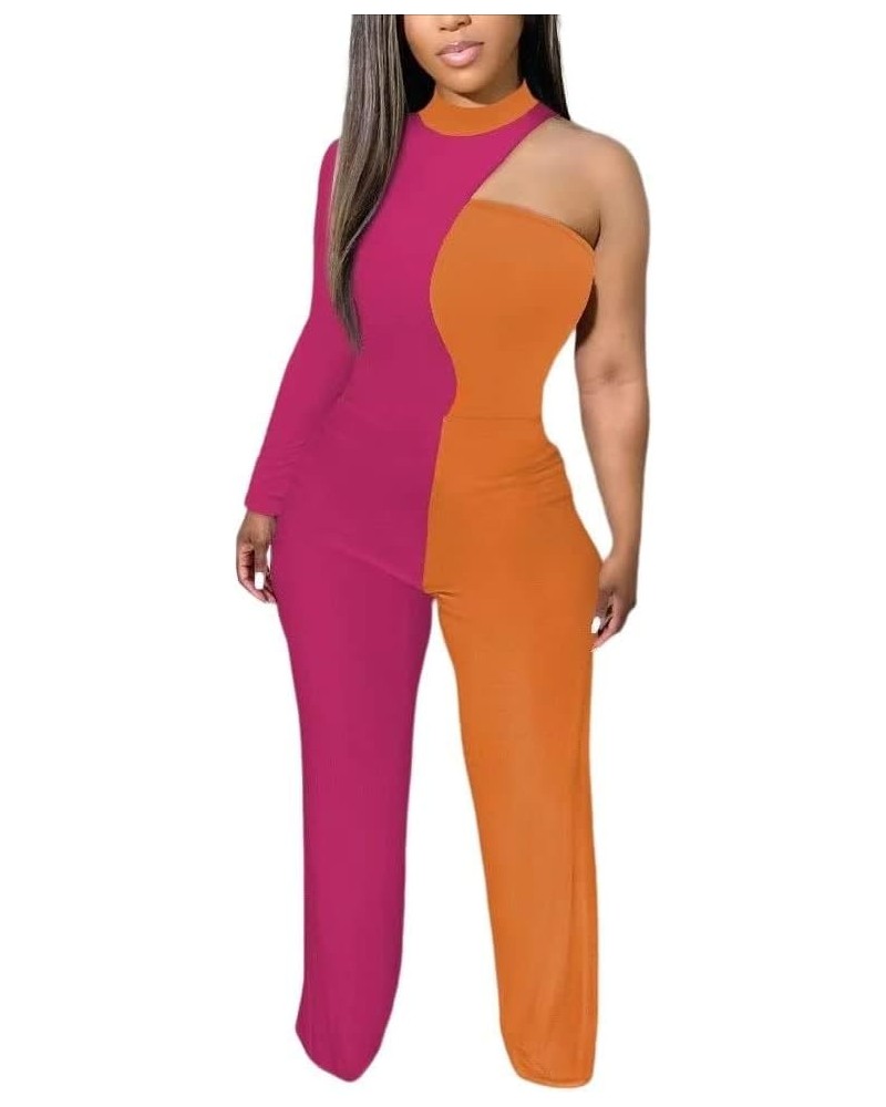 2023 Spring Summer Fashion Color Block Printed Jumpsuit For Women Elegant One-shoulder Strap Rompers Wide Leg Overalls D $28....