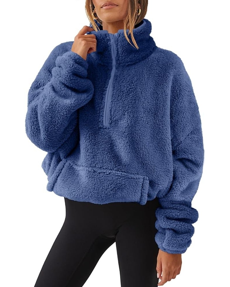 Women Long Sleeve Oversized Half Zip Fleece Sweatshirt Soft Sherpa Fleece Pullover Top With Pockets Deep Blue $31.26 Hoodies ...