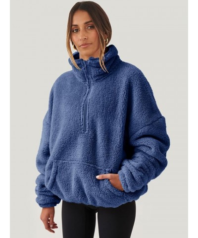 Women Long Sleeve Oversized Half Zip Fleece Sweatshirt Soft Sherpa Fleece Pullover Top With Pockets Deep Blue $31.26 Hoodies ...