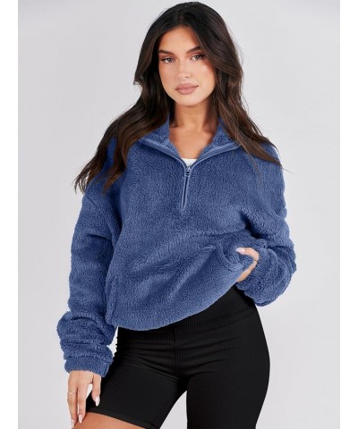 Women Long Sleeve Oversized Half Zip Fleece Sweatshirt Soft Sherpa Fleece Pullover Top With Pockets Deep Blue $31.26 Hoodies ...