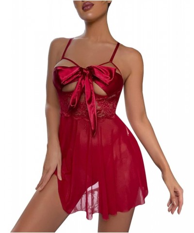 Women's Lingerie, Sleep & Lounge,Bowknot Teddy Babydoll See Through Red Pajamas Sleepwear Chemise Nightwear $8.83 Sleep & Lounge