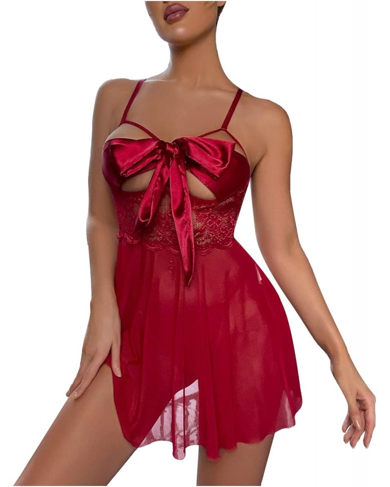 Women's Lingerie, Sleep & Lounge,Bowknot Teddy Babydoll See Through Red Pajamas Sleepwear Chemise Nightwear $8.83 Sleep & Lounge