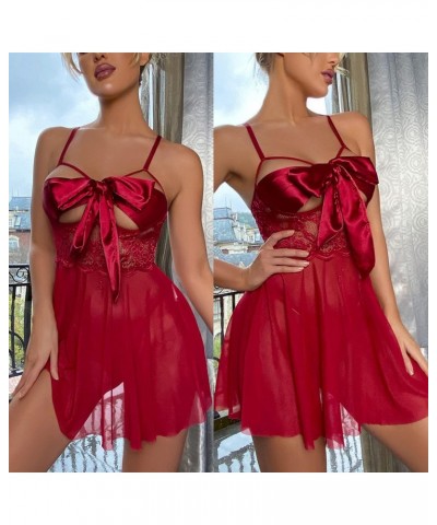 Women's Lingerie, Sleep & Lounge,Bowknot Teddy Babydoll See Through Red Pajamas Sleepwear Chemise Nightwear $8.83 Sleep & Lounge