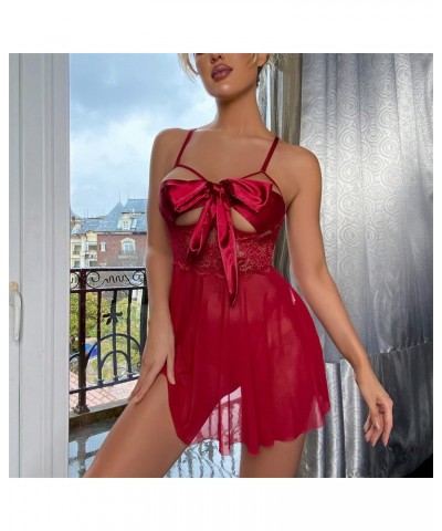 Women's Lingerie, Sleep & Lounge,Bowknot Teddy Babydoll See Through Red Pajamas Sleepwear Chemise Nightwear $8.83 Sleep & Lounge