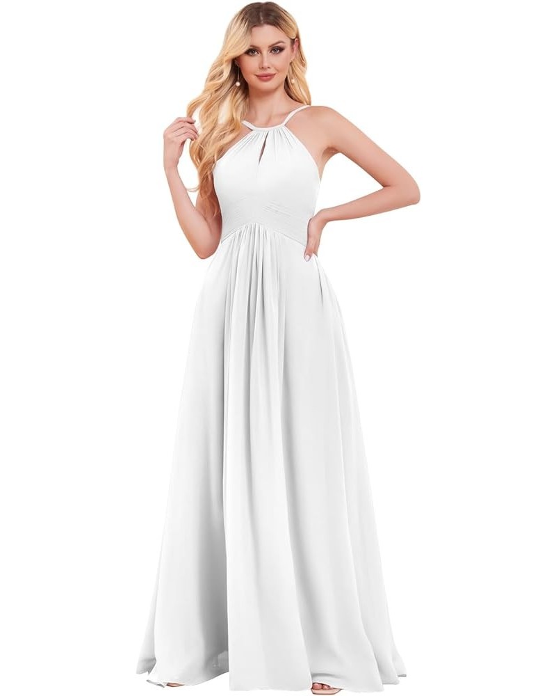 Women's Halter Bridesmaid Dresses with Pockets A Line Chiffon Pleats Long Slit Formal Evening Prom Dress White $33.59 Dresses