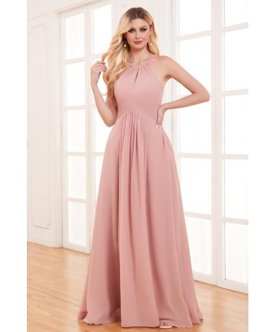 Women's Halter Bridesmaid Dresses with Pockets A Line Chiffon Pleats Long Slit Formal Evening Prom Dress White $33.59 Dresses