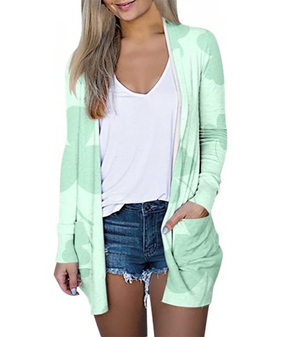 Womens St Patrickes Day Open Front Cardigan Lightweight Long Sleeve Shamrock Print Casual Loose Cardigan with Pockets B-white...