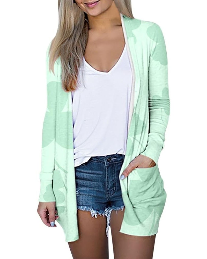 Womens St Patrickes Day Open Front Cardigan Lightweight Long Sleeve Shamrock Print Casual Loose Cardigan with Pockets B-white...