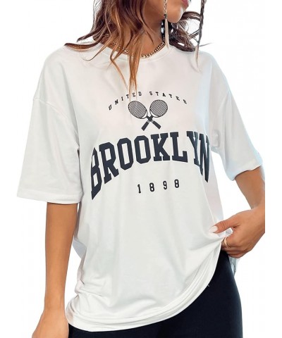 Women's Casual Crewneck Short Sleeve Letter Graphic Drop Shoulder Oversized Tee T Shirt White $11.50 T-Shirts