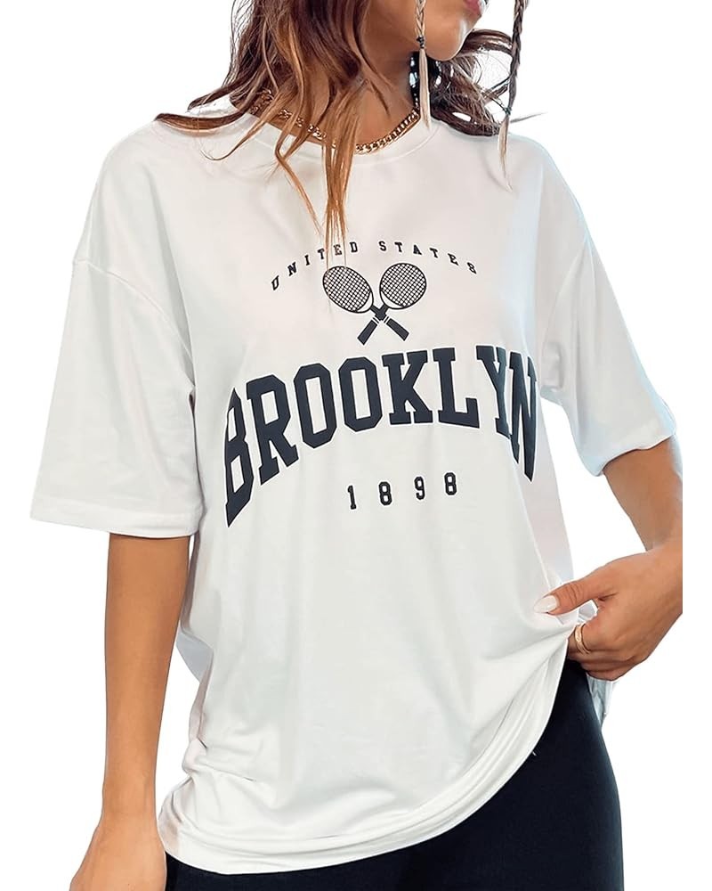 Women's Casual Crewneck Short Sleeve Letter Graphic Drop Shoulder Oversized Tee T Shirt White $11.50 T-Shirts