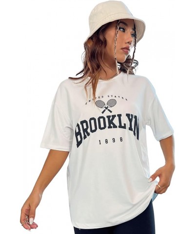 Women's Casual Crewneck Short Sleeve Letter Graphic Drop Shoulder Oversized Tee T Shirt White $11.50 T-Shirts