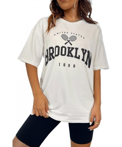 Women's Casual Crewneck Short Sleeve Letter Graphic Drop Shoulder Oversized Tee T Shirt White $11.50 T-Shirts