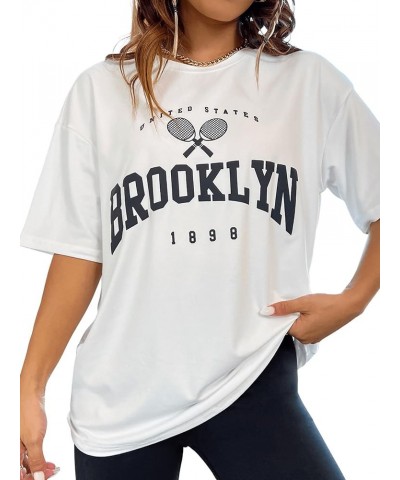 Women's Casual Crewneck Short Sleeve Letter Graphic Drop Shoulder Oversized Tee T Shirt White $11.50 T-Shirts