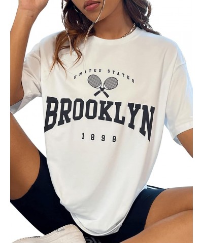 Women's Casual Crewneck Short Sleeve Letter Graphic Drop Shoulder Oversized Tee T Shirt White $11.50 T-Shirts