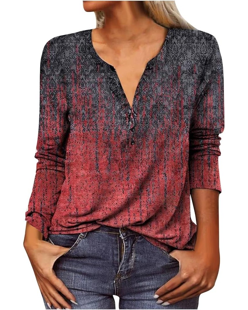 Womens Long Sleeve Tops Fashion Ethnic Print Shirt V-Neck Casual Tops Sweatshirts Tees Slim 00-wine $14.61 Tops