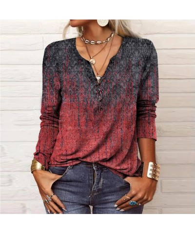 Womens Long Sleeve Tops Fashion Ethnic Print Shirt V-Neck Casual Tops Sweatshirts Tees Slim 00-wine $14.61 Tops