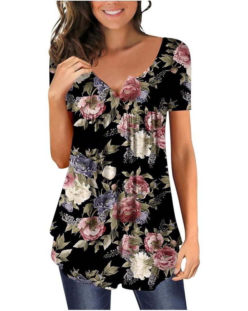 Summer Tops for Women 2024 Floral Tshirts Shirts V Neck Button Down Blouse Short Sleeve Oversized Tshirts S-5XL A15 Black $4....