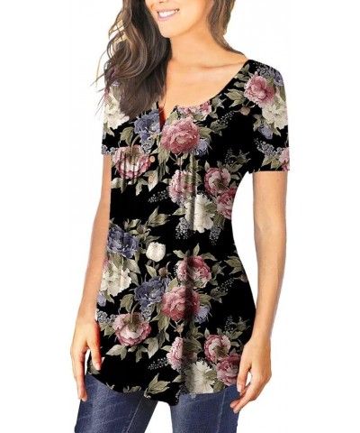 Summer Tops for Women 2024 Floral Tshirts Shirts V Neck Button Down Blouse Short Sleeve Oversized Tshirts S-5XL A15 Black $4....