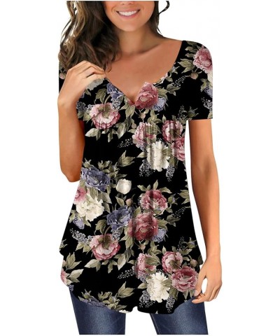 Summer Tops for Women 2024 Floral Tshirts Shirts V Neck Button Down Blouse Short Sleeve Oversized Tshirts S-5XL A15 Black $4....