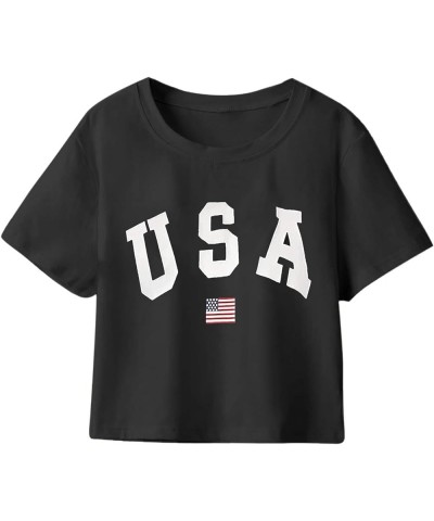 Women's Letter Print Tee Short Sleeve Round Neck Slim Fit Crop Top T Shirt Letter Black B $12.49 T-Shirts