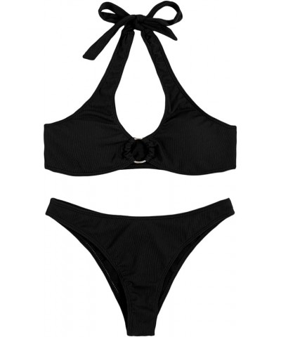 Women's 2 Piece Swimsuit Solid Halter High Cut Bikini Bathing Suit Line Black $14.49 Swimsuits