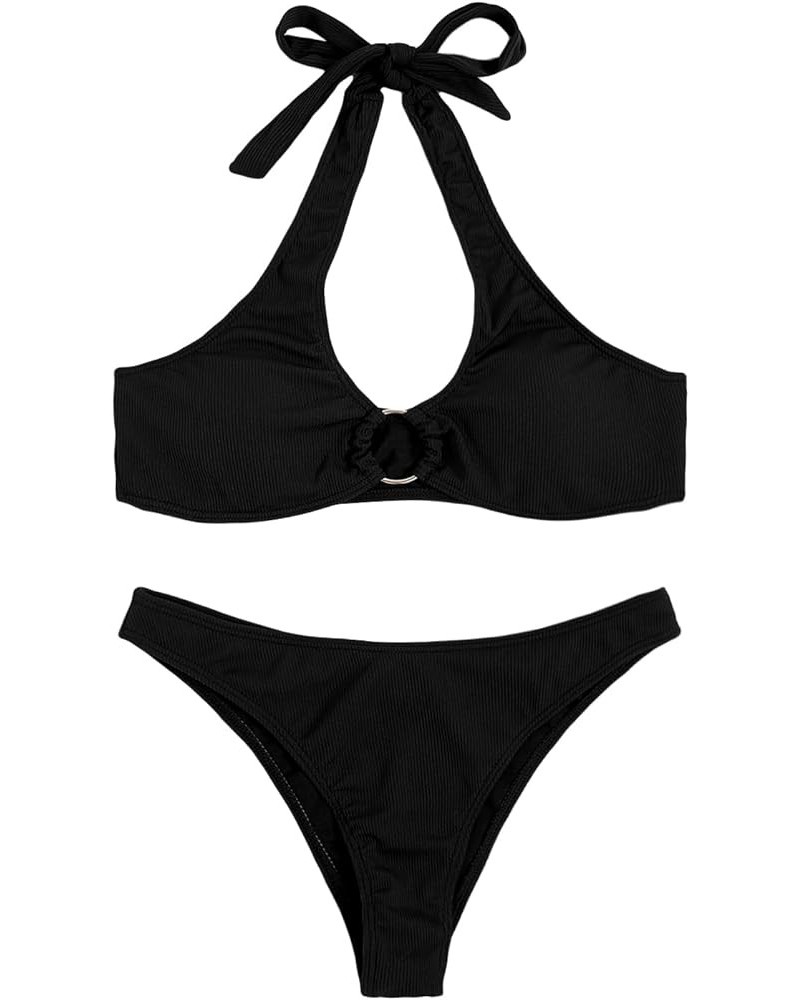 Women's 2 Piece Swimsuit Solid Halter High Cut Bikini Bathing Suit Line Black $14.49 Swimsuits