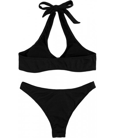 Women's 2 Piece Swimsuit Solid Halter High Cut Bikini Bathing Suit Line Black $14.49 Swimsuits