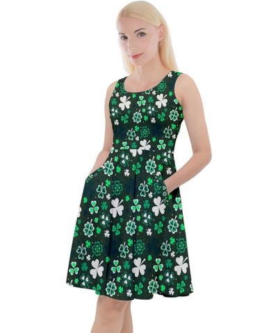 Womens Shamrock Pattern ST Patrick's Day Clover Leaves Leprechauns Knee Length Pockets Skater Dress, XS-5XL Dark Sea Green $1...