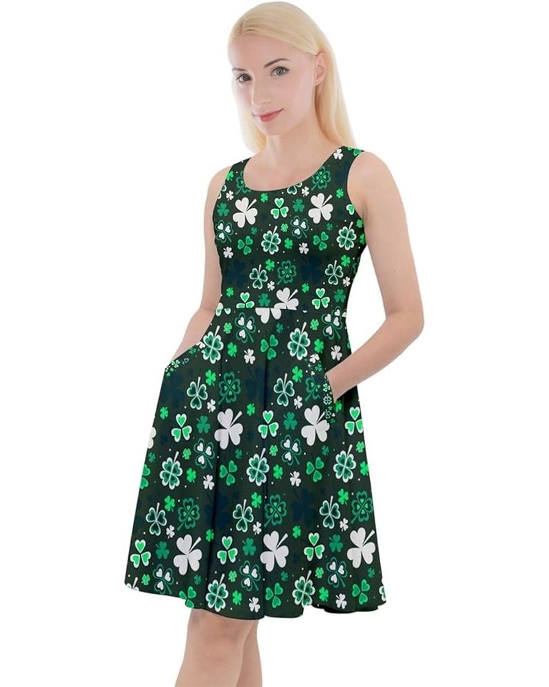 Womens Shamrock Pattern ST Patrick's Day Clover Leaves Leprechauns Knee Length Pockets Skater Dress, XS-5XL Dark Sea Green $1...