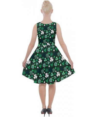 Womens Shamrock Pattern ST Patrick's Day Clover Leaves Leprechauns Knee Length Pockets Skater Dress, XS-5XL Dark Sea Green $1...