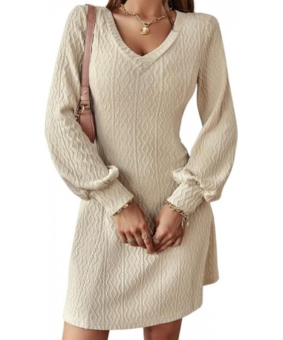 Women Knitted Dresses V Neck Short Thin Sweater Bottoming Dress Long Lantern Sleeve A Line 2022 Fall Winter Dress Aa-beige(v ...