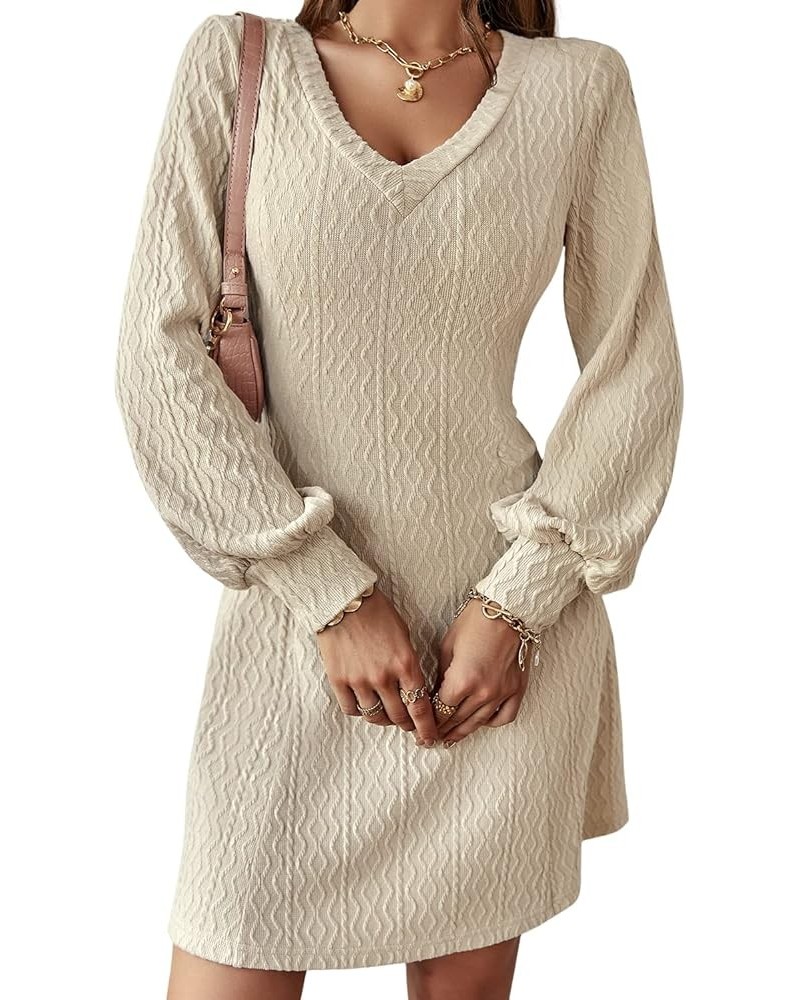 Women Knitted Dresses V Neck Short Thin Sweater Bottoming Dress Long Lantern Sleeve A Line 2022 Fall Winter Dress Aa-beige(v ...