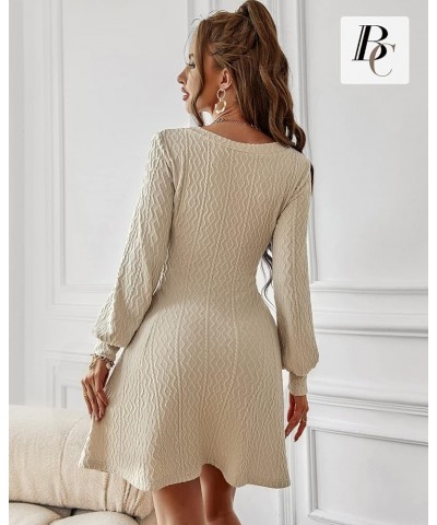 Women Knitted Dresses V Neck Short Thin Sweater Bottoming Dress Long Lantern Sleeve A Line 2022 Fall Winter Dress Aa-beige(v ...