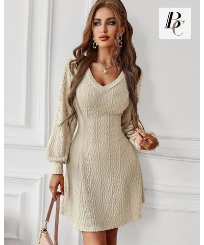 Women Knitted Dresses V Neck Short Thin Sweater Bottoming Dress Long Lantern Sleeve A Line 2022 Fall Winter Dress Aa-beige(v ...