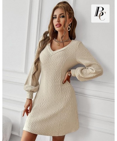 Women Knitted Dresses V Neck Short Thin Sweater Bottoming Dress Long Lantern Sleeve A Line 2022 Fall Winter Dress Aa-beige(v ...