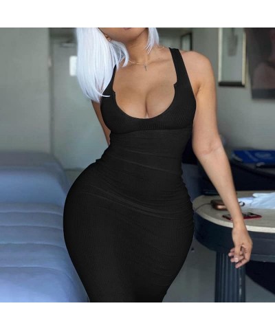 Women Sexy Two Piece Skirt Outfits Long Sleeve/Sleeveless V Neck Bodycon Ribbed Knitted Maxi Club Party Dress Black Tank Dres...