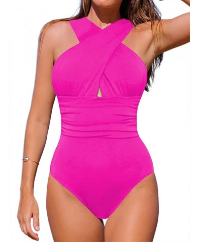 Sexy One Piece Bathing Suit for Women Tummy Control Front Crossover Swimsuit Hot Pink $21.00 Swimsuits