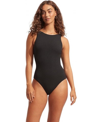 Women's Standard High Neck One Piece Swimsuit with Low Open Back Sea Dive Black $40.90 Swimsuits