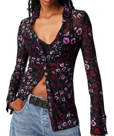 Women Y2k Floral Print Mesh Tops Long Sleeve See Though Boho Flower Slim Sheer Tee Shirt Going Out Blouse Top A Black Red Flo...