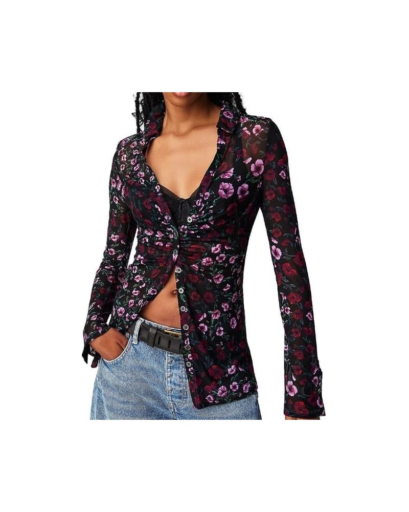 Women Y2k Floral Print Mesh Tops Long Sleeve See Though Boho Flower Slim Sheer Tee Shirt Going Out Blouse Top A Black Red Flo...