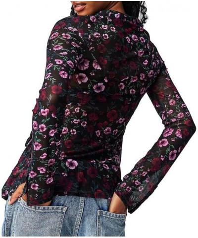 Women Y2k Floral Print Mesh Tops Long Sleeve See Though Boho Flower Slim Sheer Tee Shirt Going Out Blouse Top A Black Red Flo...