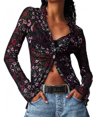 Women Y2k Floral Print Mesh Tops Long Sleeve See Though Boho Flower Slim Sheer Tee Shirt Going Out Blouse Top A Black Red Flo...